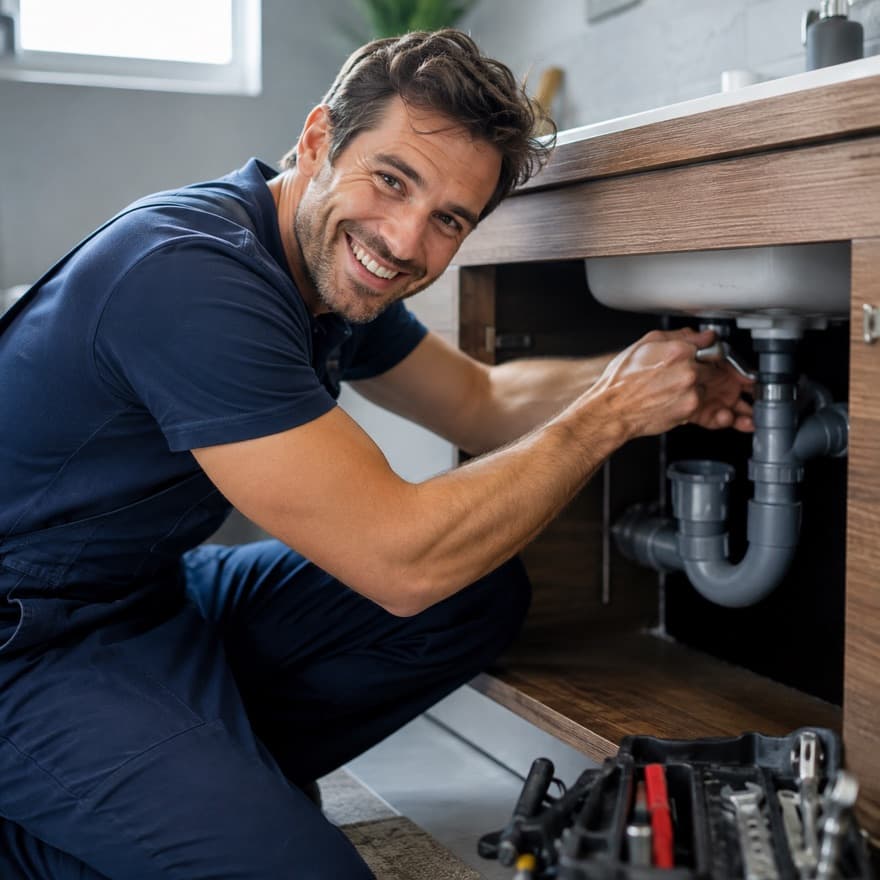 Plombier souriant, au travail sous un évier